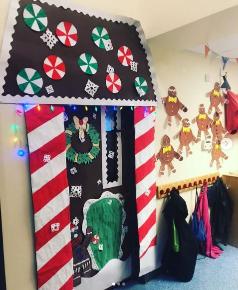Gingerbread house Christmas decoration for a classroom door