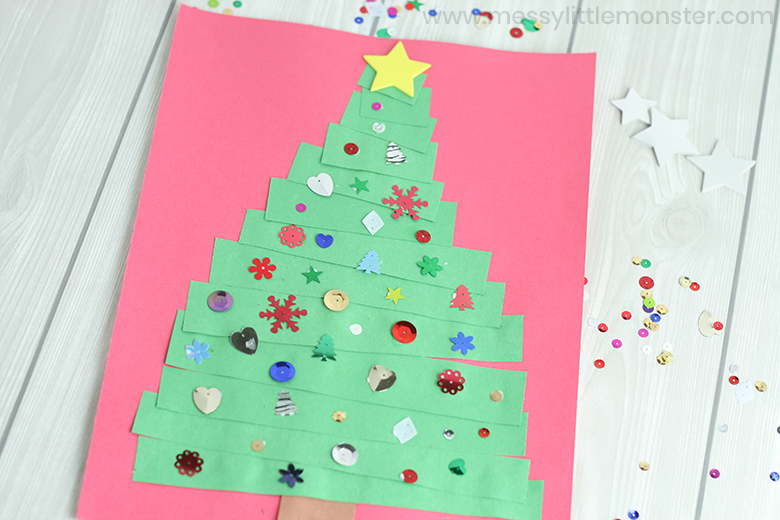 Paper strip Christmas tree cards from Messy Little Monster